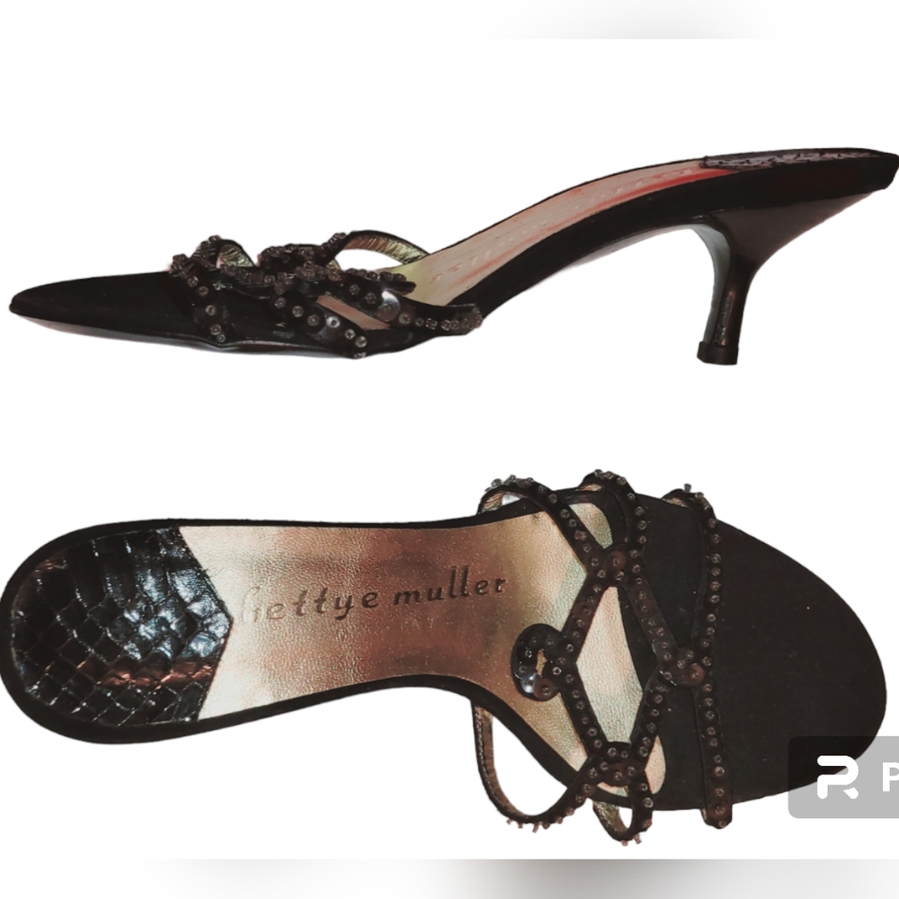 Bettye Muller black sequin kitten heel sandals